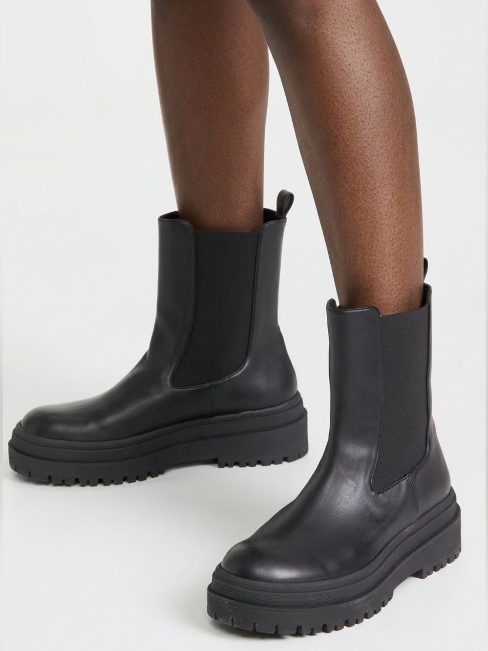 Good American Black Leather Chelsea Combat Boots Lug Sole Platform Women's 9.5